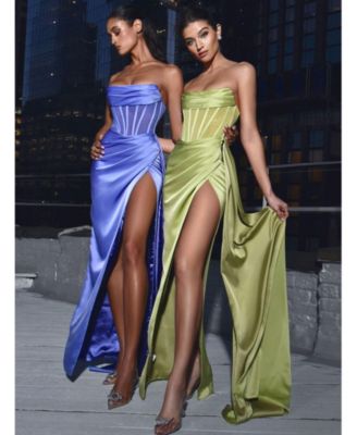 Women's Prisa Lime High Slit Satin Corset Gown