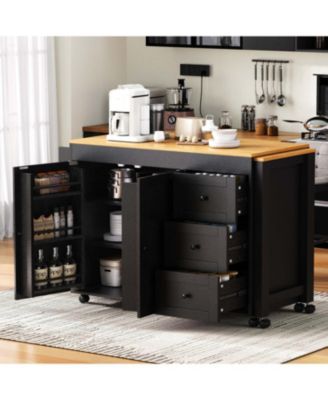 Kitchen Island w/ Extendable Table, 3 Drawers, Outlet, Wheels, Spice Rack - Black