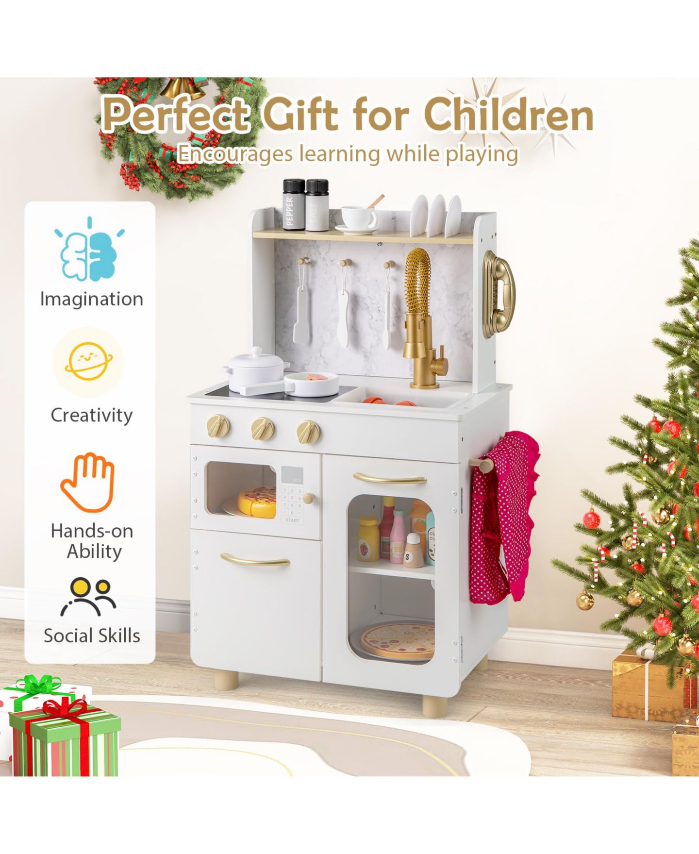 Детская игрушка Gymax Wooden Play Kitchen with Stoves, Sink & Faucet and Telephone, Ages 3+, цвет: Белый — фото 9