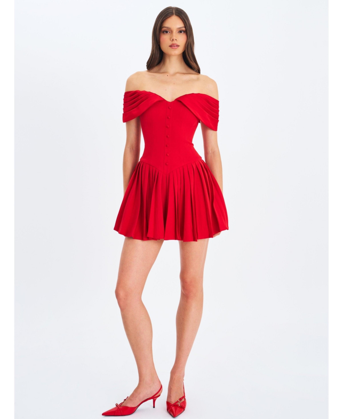 Miss Circle Women's Narelle Crimson Off-Shoulder Sweetheart Drop Waist Mini Dress