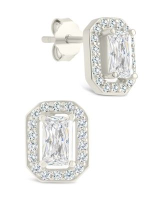 Sterling Silver Emerald Cut Brilliant Halo Studs