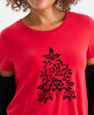 Petite Holiday Tree Printed Scoop Neck Top, Macy's Exclusive