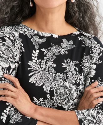 Petite Holiday Floral 3/4-Sleeves Top, Macy's Exclusive