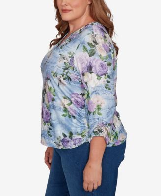 Plus Size Hilton Head Denim Floral Applique Henley Top