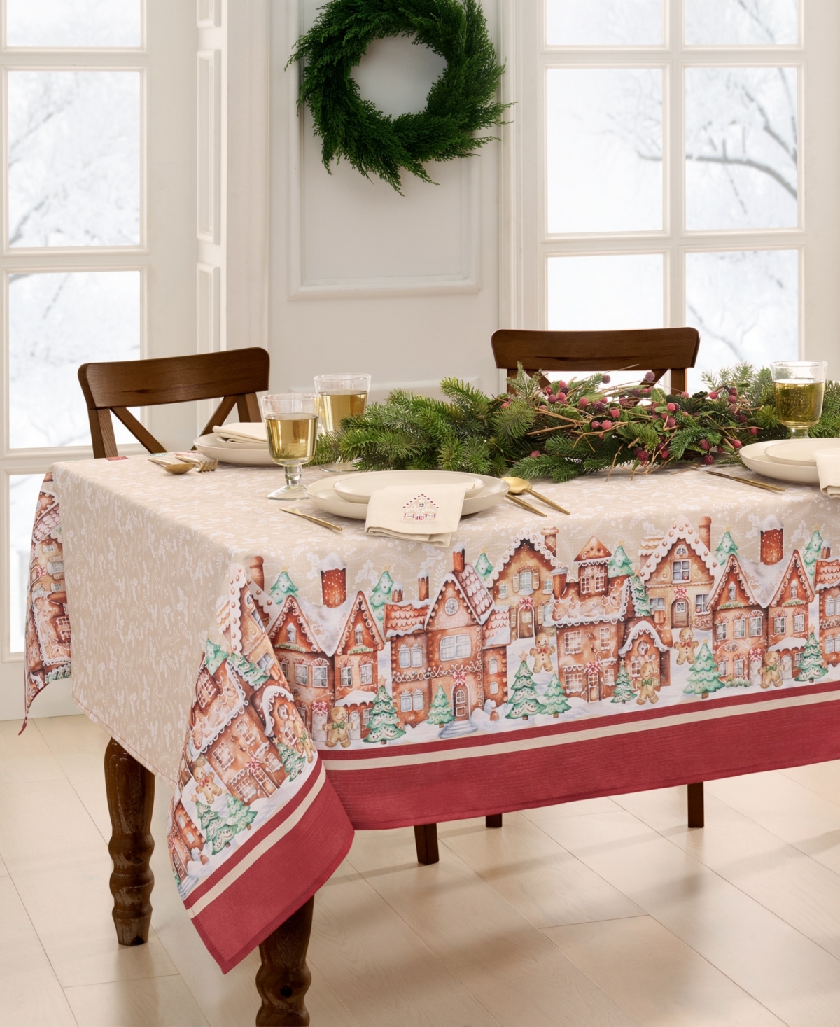 Elrene Gingerbread Bliss Printed Rectangle Tablecloth, 144" X 60" In Red