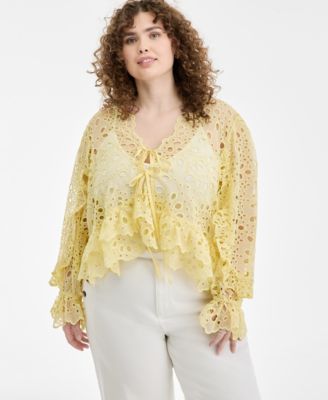 Trendy Plus Size Tie-Front Cut-Work Blouse, Macy's Exclusive