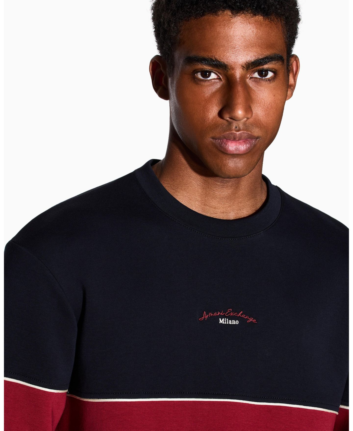 Мужская толстовка A|X Armani Exchange Color Block Embroidered Center Logo Crewneck, цвет: Глубокий тёмно-синий — фото 2