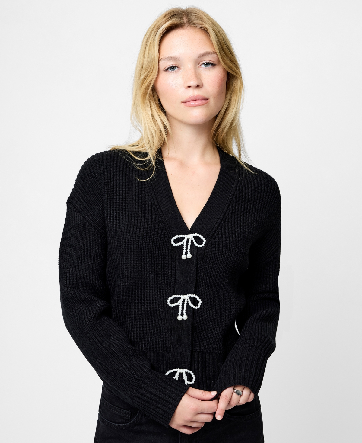 French Connection Fcuk Women's Babysoft Knit V-neck Embellished Bow Cardigan Sweater In Multi