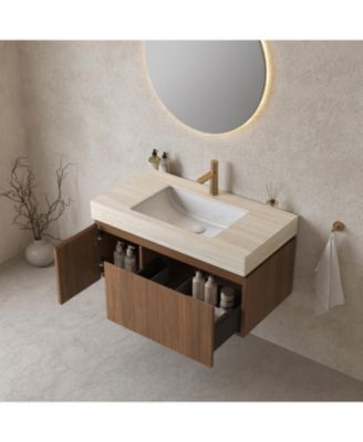 Streamdale Roma Travertine Sintered Stone Vanity with Ceramic Basin & Oak Drawer