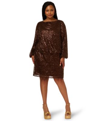 Adrianna - Papell Plus Size Sequin Boat Neck Mini Dress