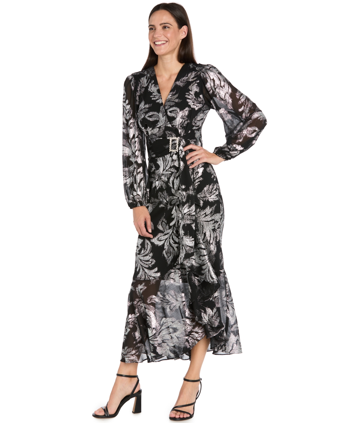 R & M Richards Women's Printed Ruffle Detail Maxi Dress In Black