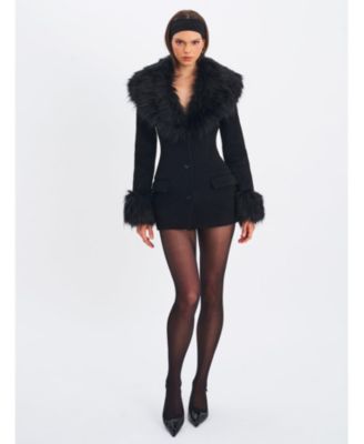 Women Hailee Black Single Breasted Wool Blend Mini Coat with Removable Fur Lapel