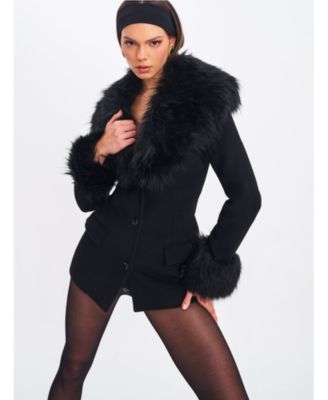 Women Hailee Black Single Breasted Wool Blend Mini Coat with Removable Fur Lapel
