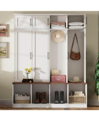 Farmhouse Hall Tree Bench, Hidden Hooks, Shoe Cabinet