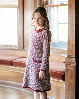 Little Girls Organic Long Sleeve Bow Detail Intarsia Sweater Dress