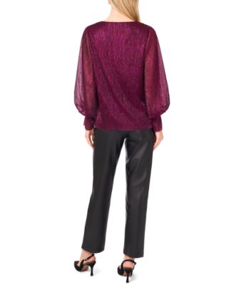 Women's Metallic V-Neck Sheer-Sleeve Top