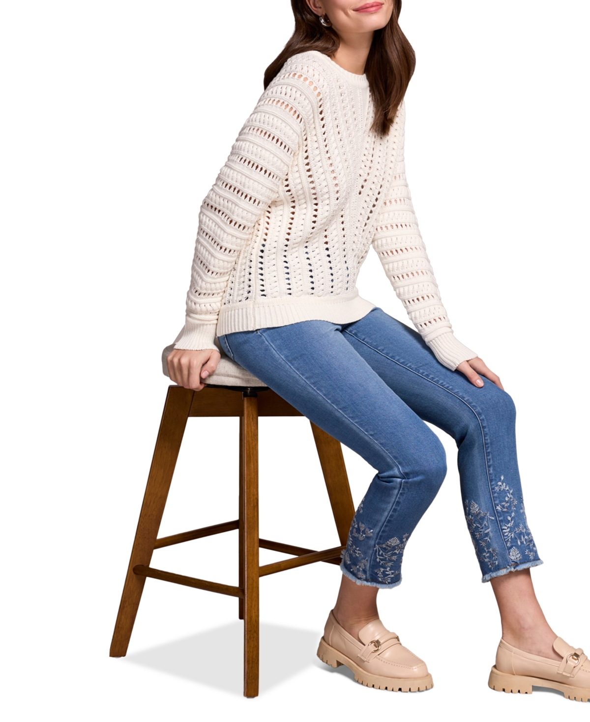 Tribal Women's Textured Special Wash Crew Neck Sweater In White