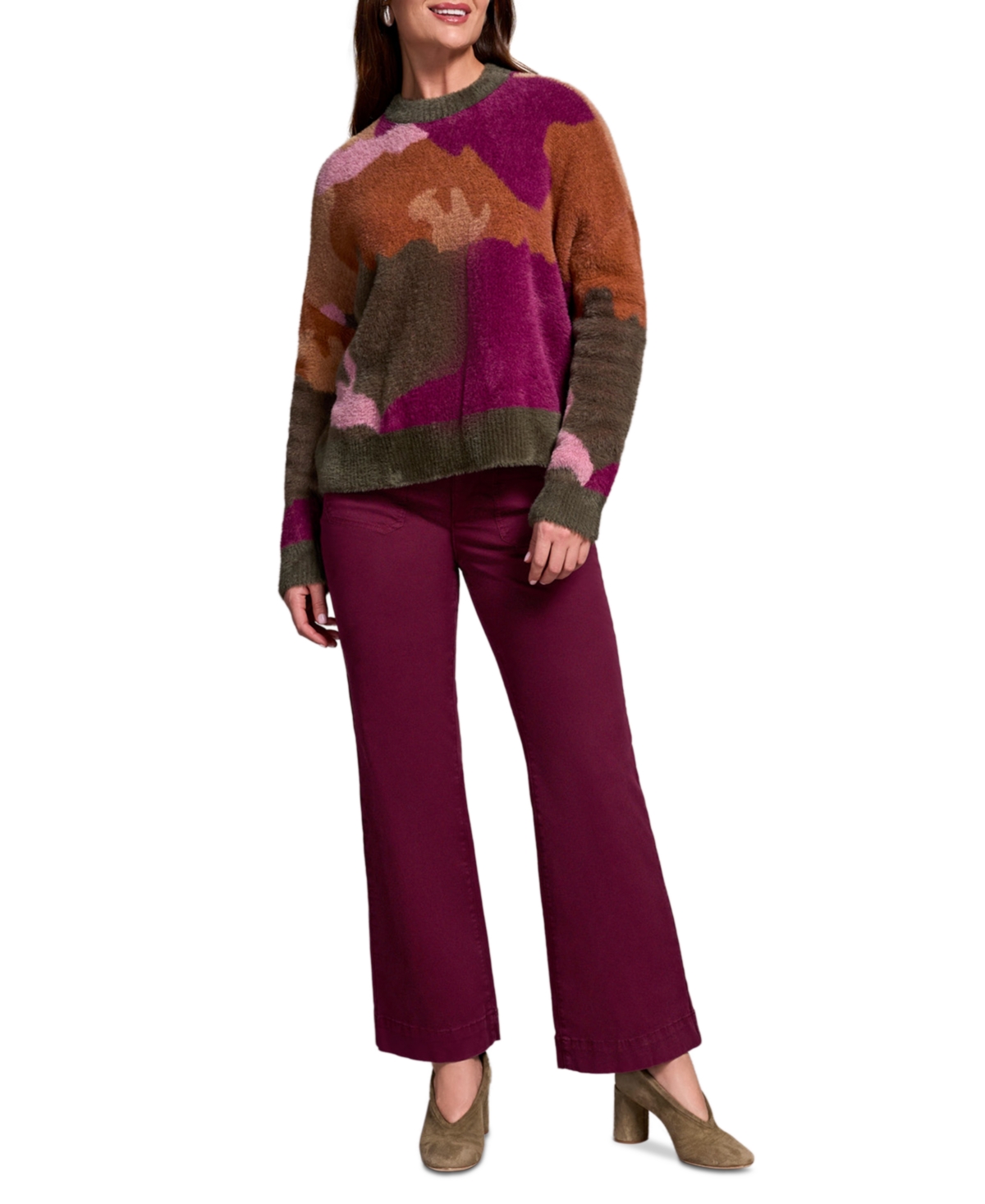 Tribal Women's Fuzzy Intarsia Crew Neck Sweater In Multi