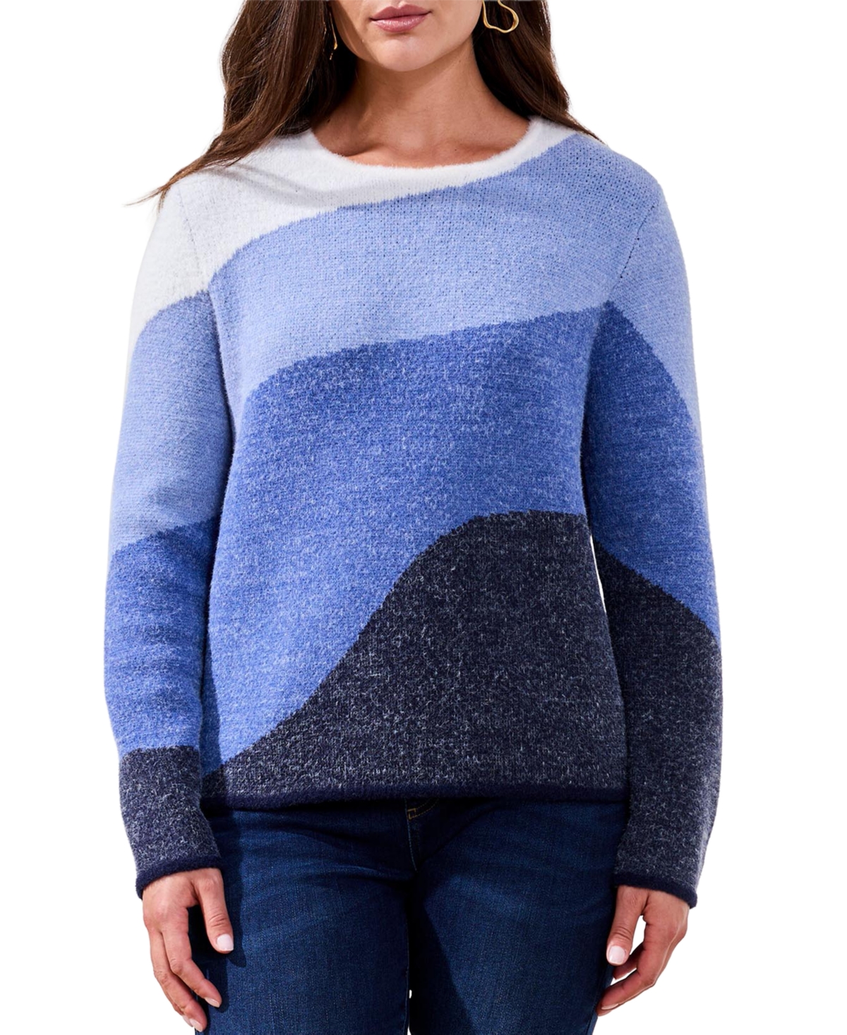 Tribal Women's Fuzzy Double Knit Crew Neck Sweater In Blue