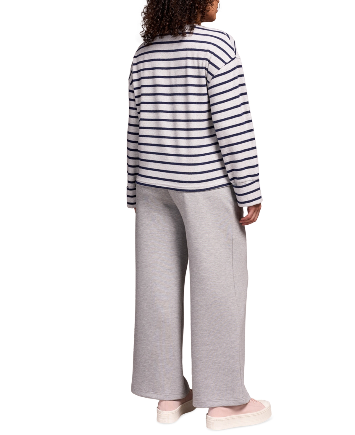 Tribal Women's Long Sleeve Stripe Crew Neck Brush Knit Top In Blue