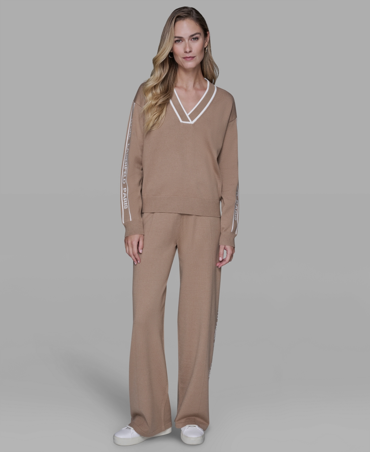 Karl Lagerfeld Women's Logo Tape V-neck Sweater In Brown