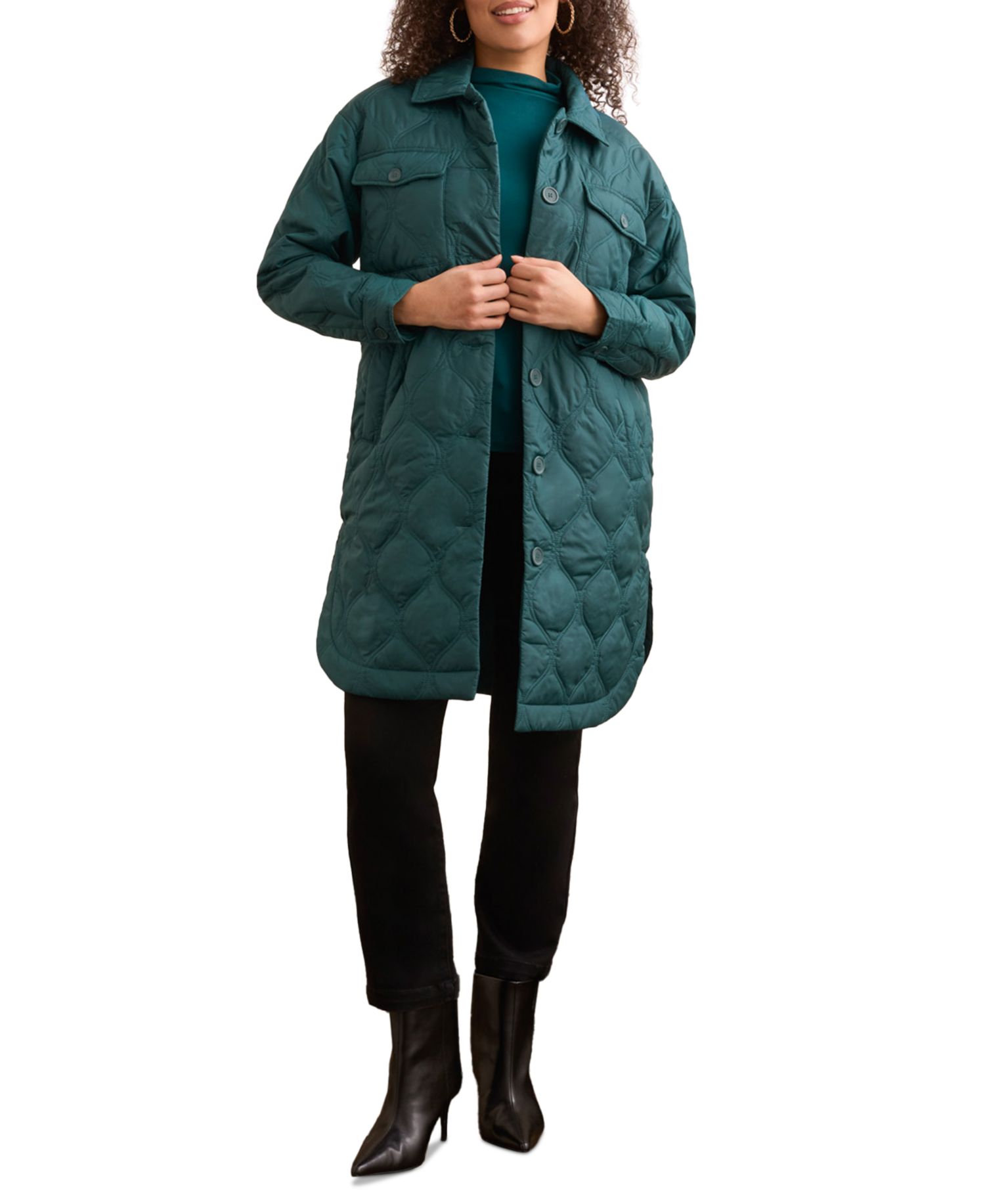 Women's Long Quilted Button-Up Jacket With Pockets