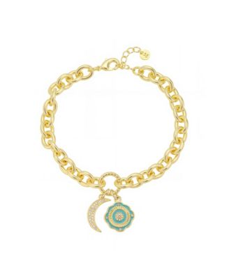 Unwritten - Cubic Zirconia Moon Crystal Green Enamel Evil Eye Link Chain Bracelet With Extender