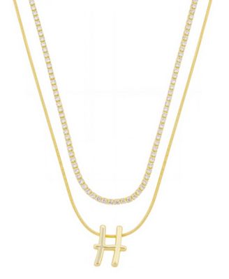 Unwritten - Letter "H" Initial Snake Chain Cubic Zirconia Chain Necklace With Extender 2Pcs Set