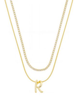Unwritten - Letter "R" Initial Snake Chain Cubic Zirconia Chain Necklace With Extender 2Pcs Set