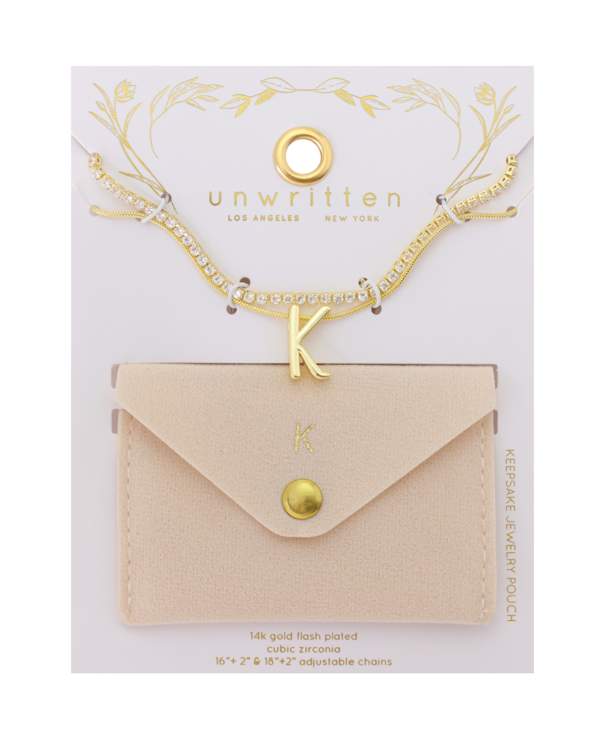 Unwritten Letter "K" Initial Snake Chain Cubic Zirconia Chain Necklace With Extender 2Pcs Set
