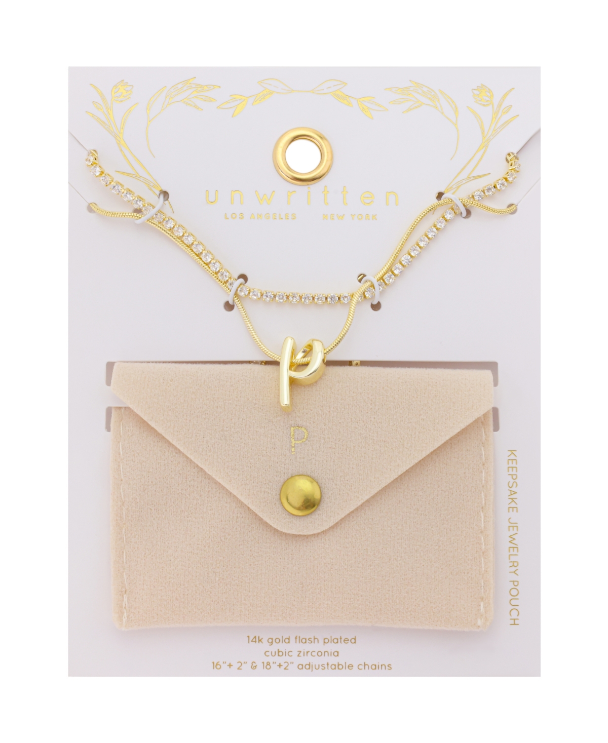 Unwritten Letter "P" Initial Snake Chain Cubic Zirconia Chain Necklace With Extender 2Pcs Set