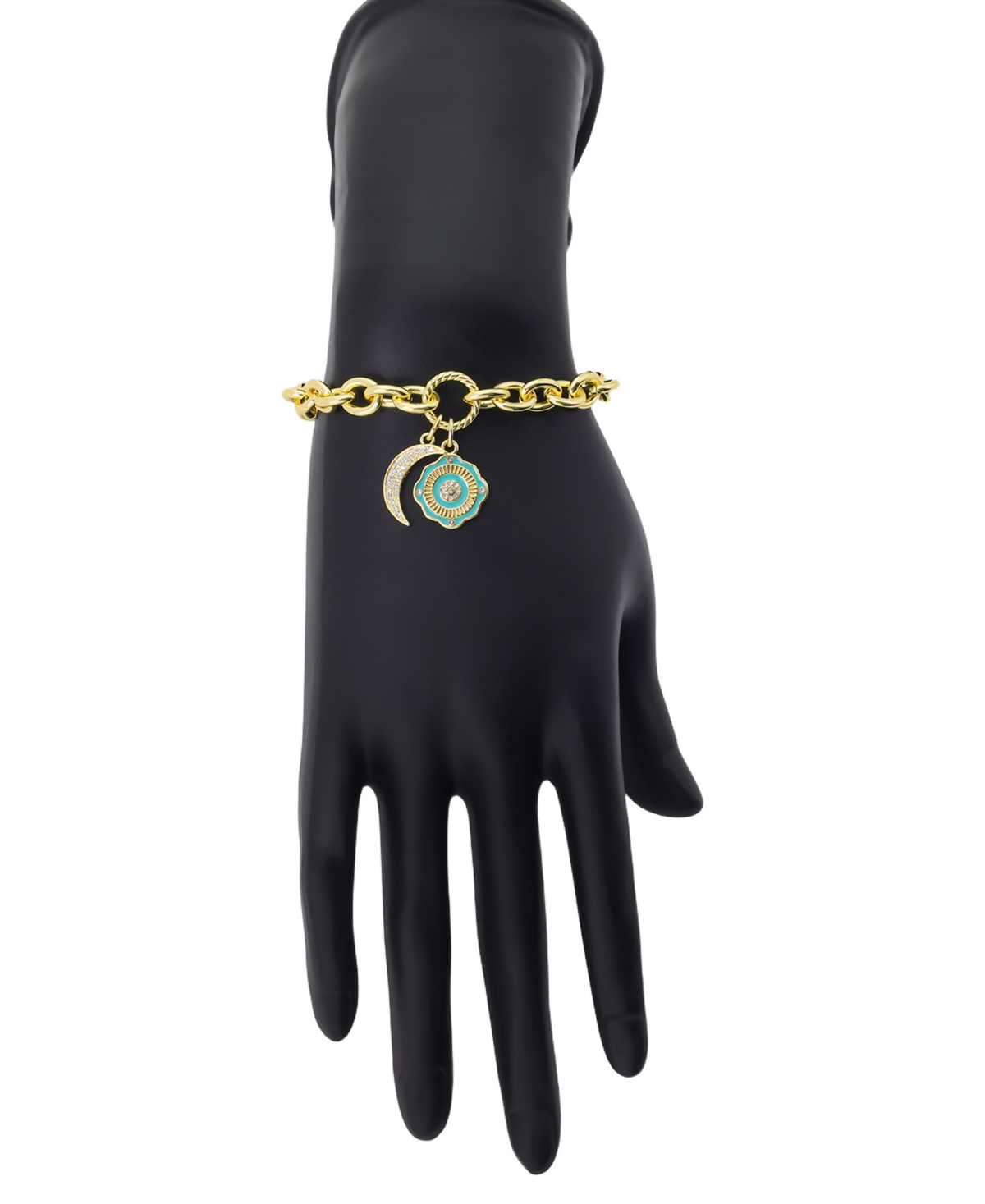 Unwritten Cubic Zirconia Moon Crystal Green Enamel Evil Eye Link Chain Bracelet With Extender In Gold