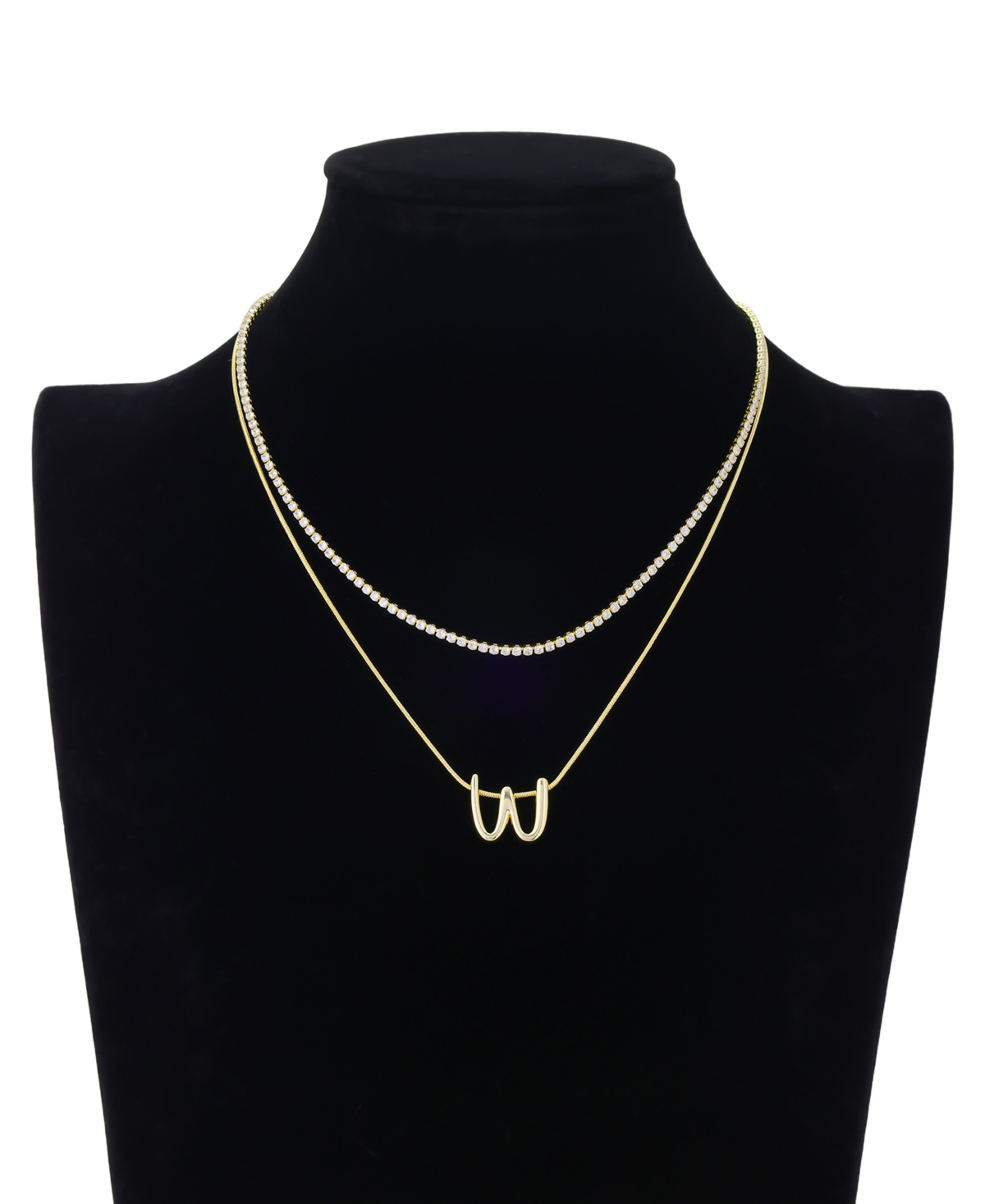 Unwritten Letter "W" Initial Snake Chain Cubic Zirconia Chain Necklace With Extender 2Pcs Set