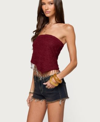 Women's Textured Asymmetric Bead Fringe Strapless Top