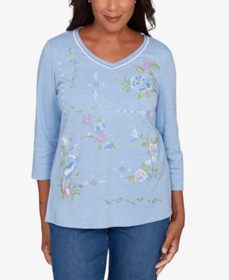 Petite Hilton Head Cross Stitched Floral Top - Blue Heather