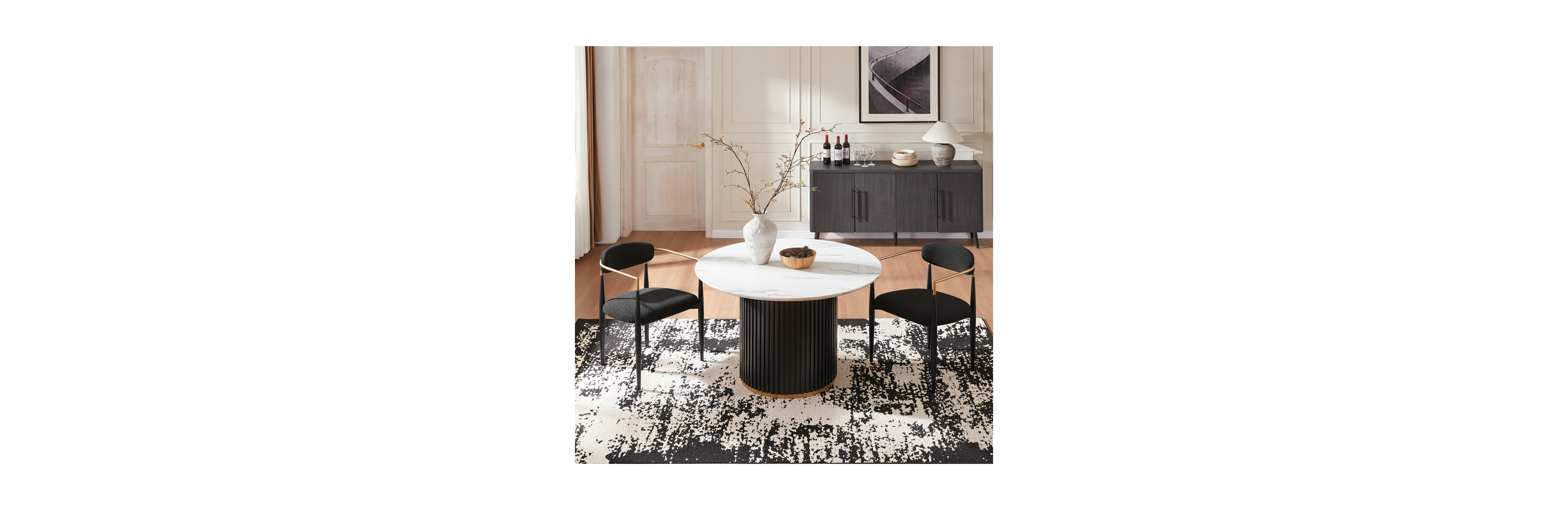 Morden Fort Modern Faux Marble Dining Set With 47" Round Table And 4 Boucle Armchairs Metal Base for Dining Room Kitchen