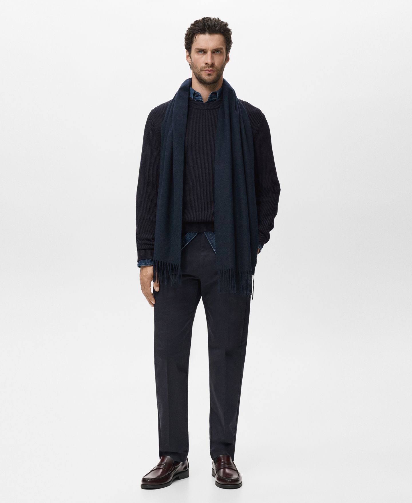Мужской свитер MANGO Fine Rib-Knit Cotton, цвет: Тёмно-синий — фото 2