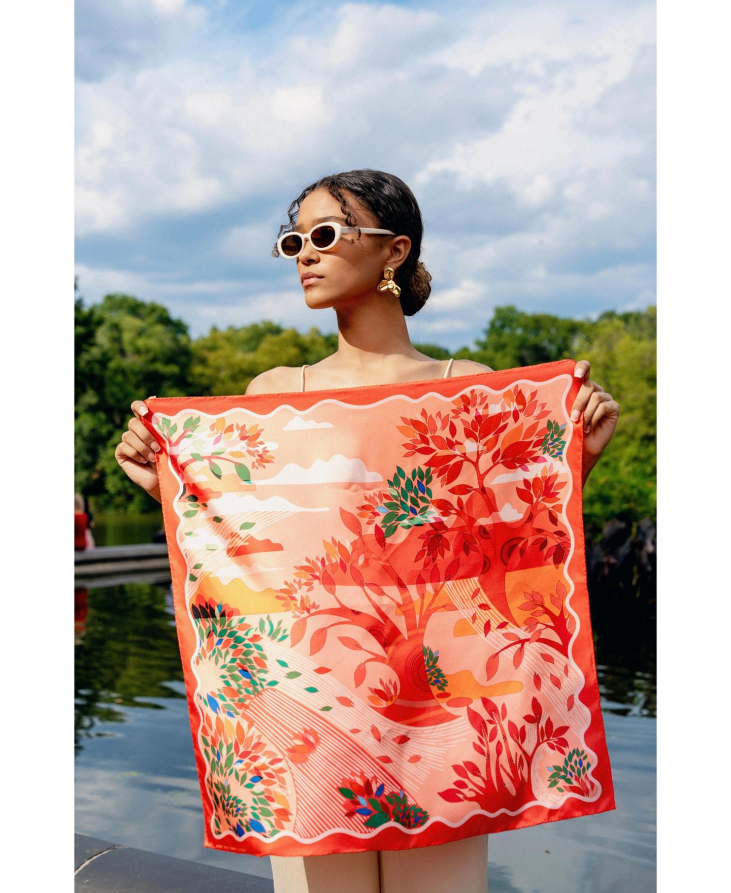 Женский шарф Jessie Zhao New York Double Sided Silk Scarf Crossing Red, цвет: Красный — фото 6