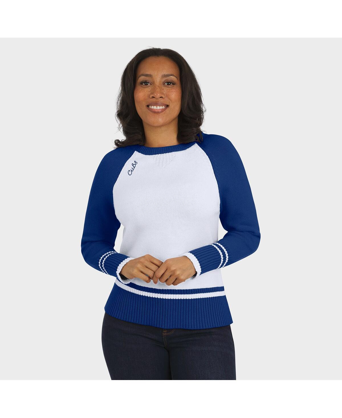 Wear By Erin Andrews Women's White Chicago Cubs Color Block Raglan Sweater In Blue