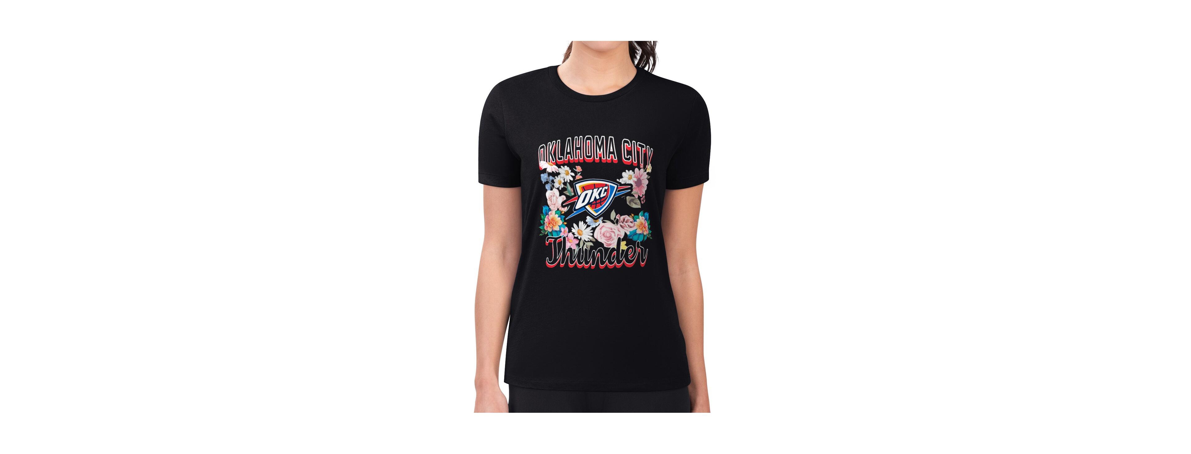 G-iii 4Her by Carl Banks Women's Black Oklahoma City Thunder Super-Slim Fit Lightweight Flowers Team Logo Graphic T-Shirt