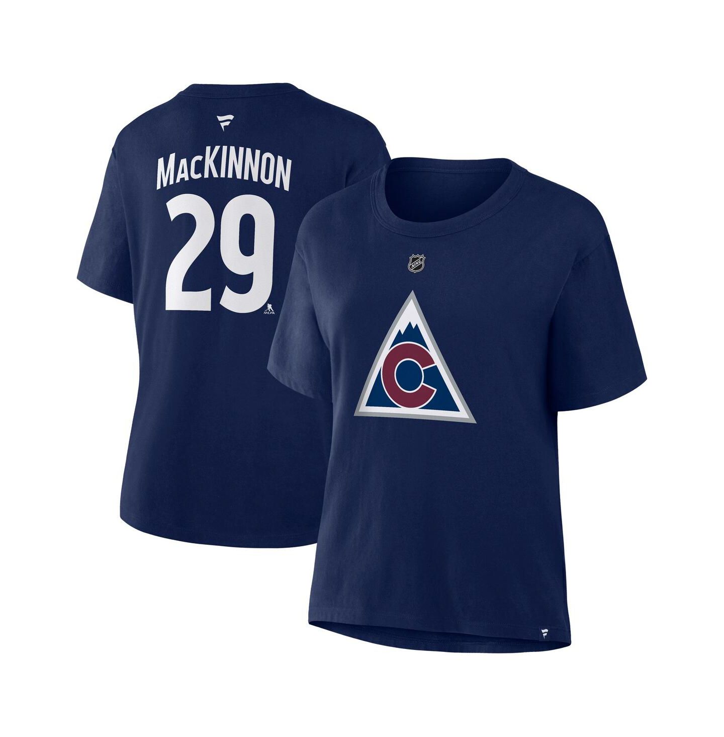 Женская футболка Fanatics Nathan MacKinnon Athletic Navy Colorado Avalanche Authentic Stack Name & Number — фото 1