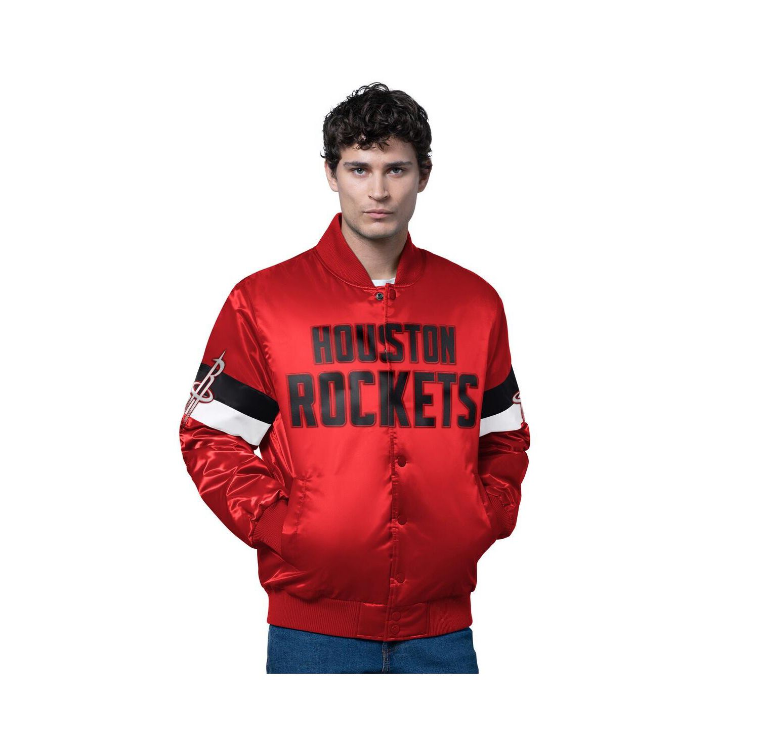 Men's Red Houston Rockets Triple Option Varsity Full-Snap Satin Jacket