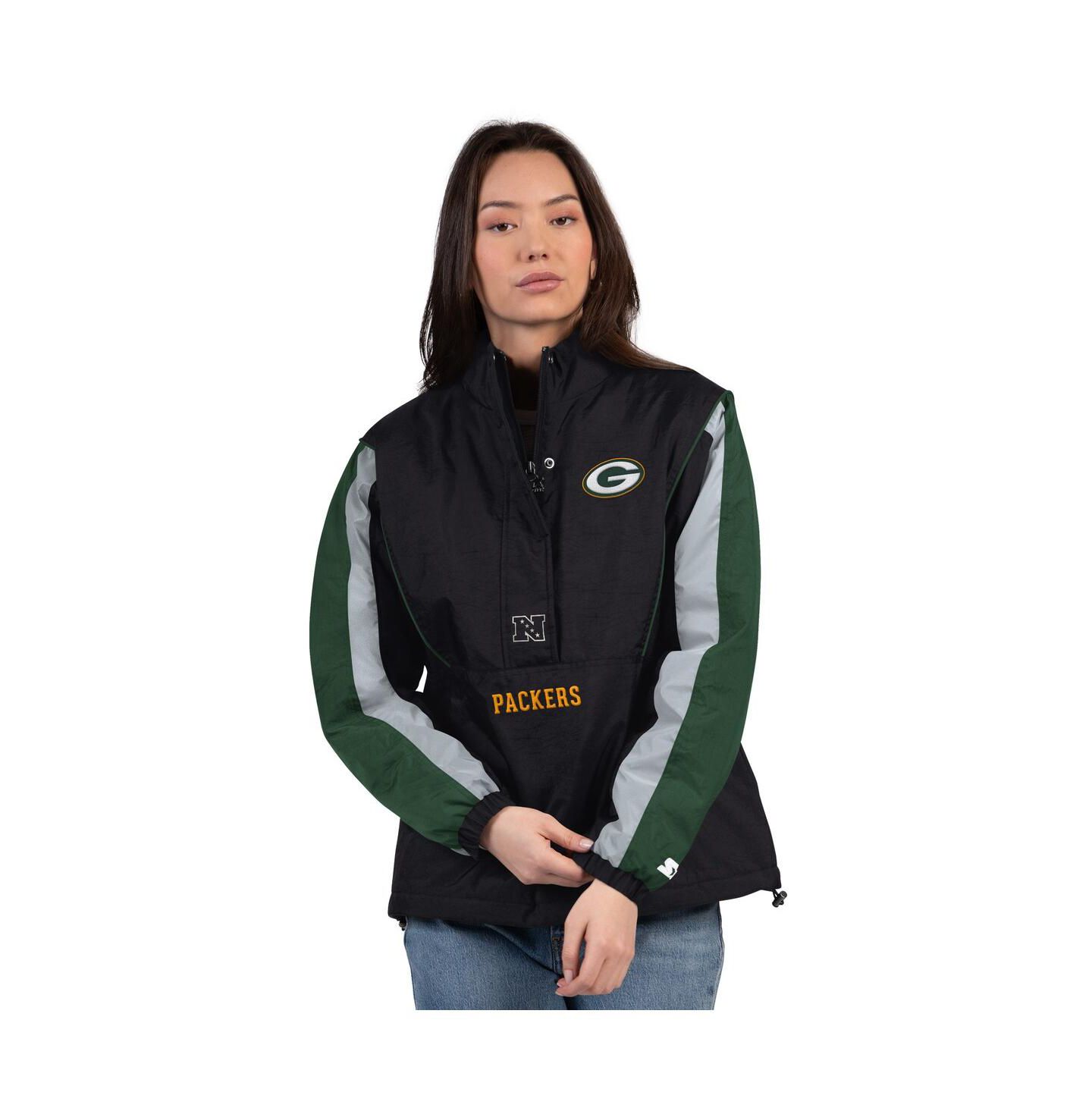 Женская куртка Starter Black/Green Green Bay Packers Thursday Night Gridiron Half-Zip — фото 1