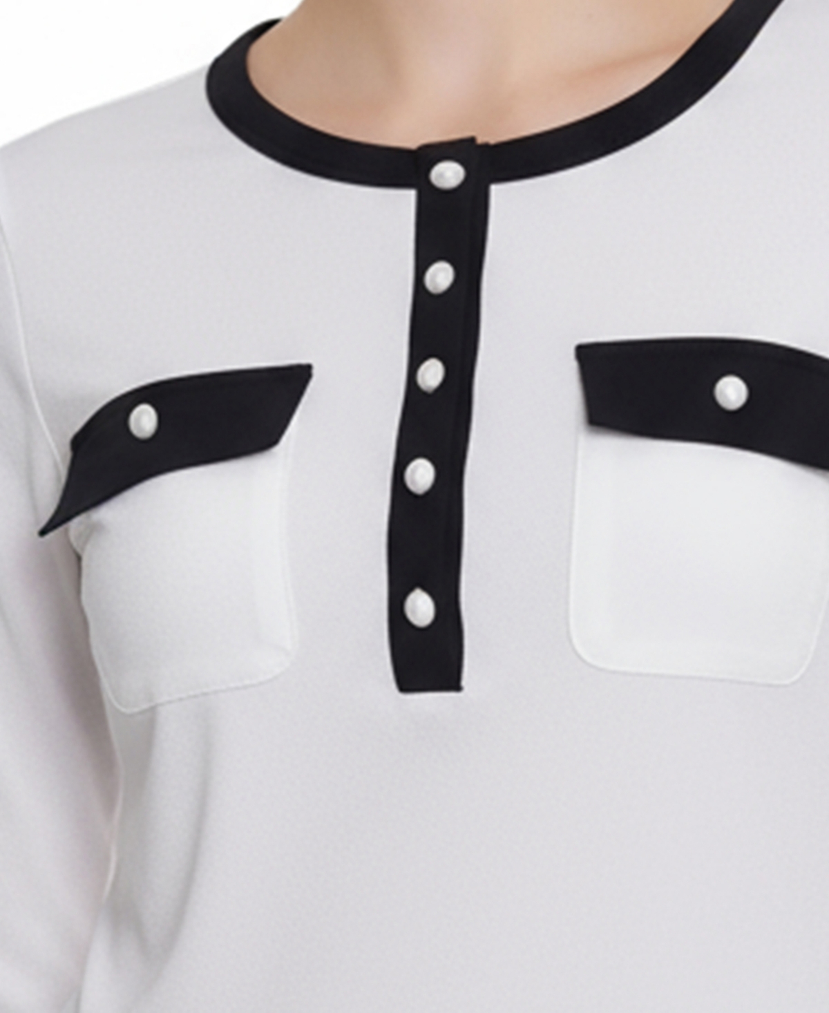 Ny Collection Petite Long Sleeve Contrast Detail Top