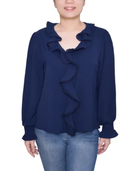 Petite Short sleeve Ruffle Front Top - Navy