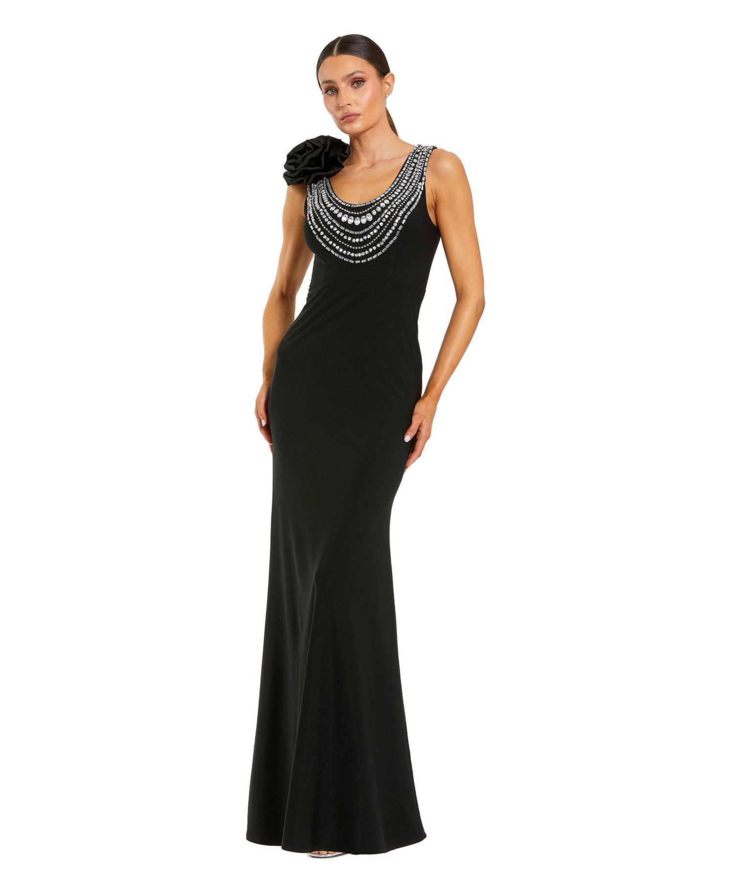 Women's Elegant Beaded Scoop Neck Jersey with 3D Flower Gown