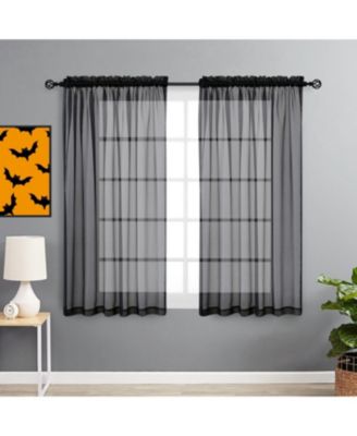 2 Piece Spooky Halloween Decor Ghoul Black Colored Rod Pocket Sheer Voile Window Curtains - 63 In. Long