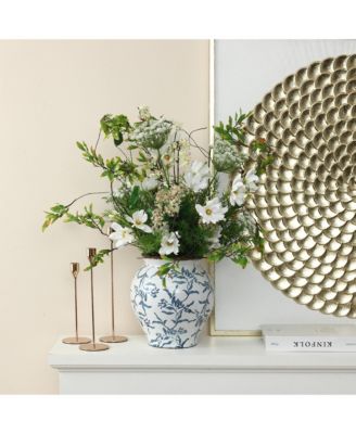 Handmade Blue Floral Wide-Mouth Waterproof Ceramic Vase, 9.25" Round Indoor Home Decor