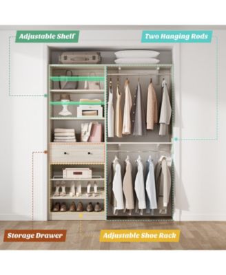 Closet System with Drawer, 5FT Closet Organizer System with 2 Hanging Rods and Adjustable Shelf, Reversible