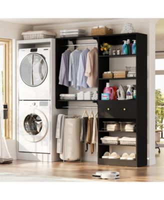 Closet System with Drawer, 5FT Closet Organizer System with 2 Hanging Rods and Adjustable Shelf, Reversible